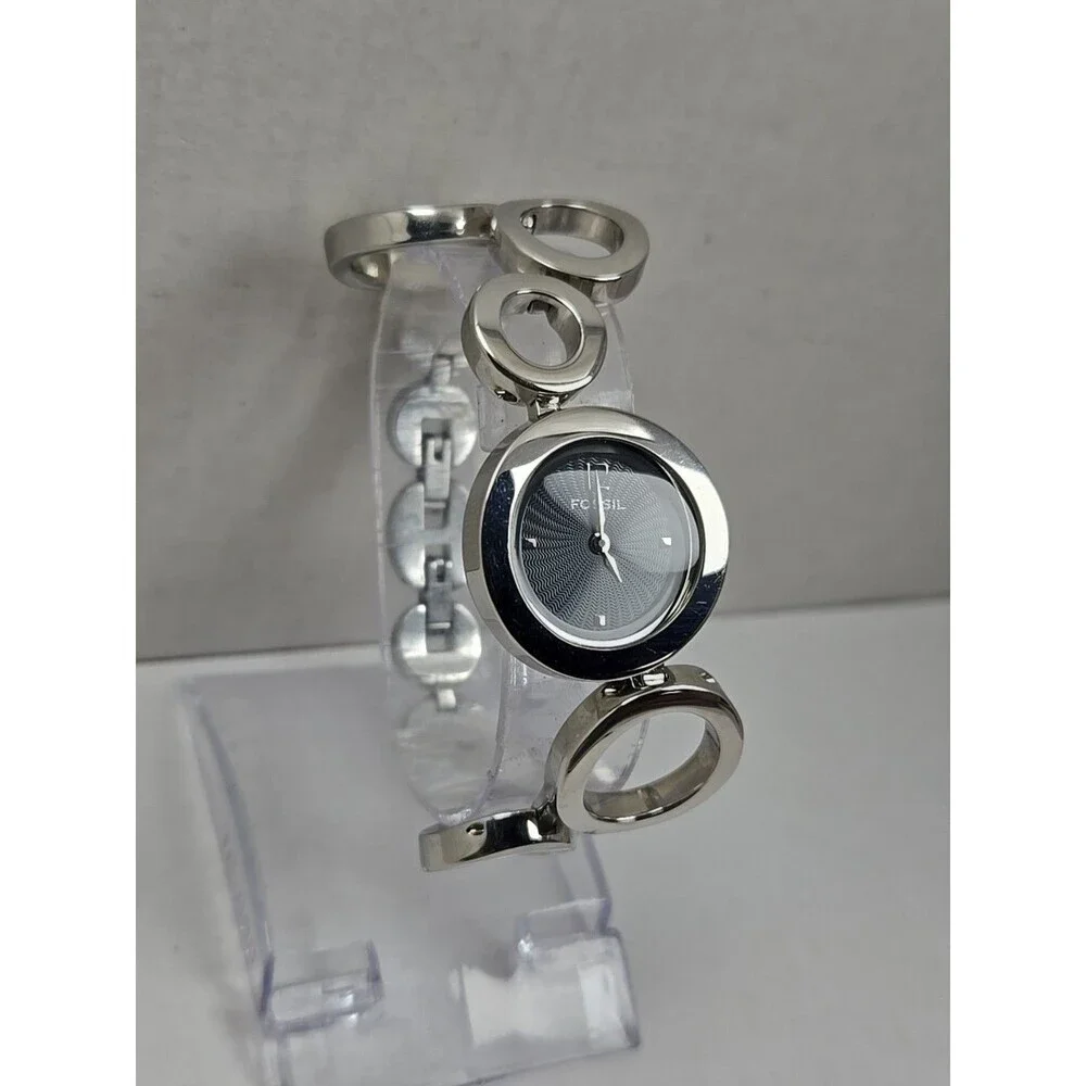 Fossil F2 ES1622 Womens Silver Circle Link Black Dial Watch Quartz New Battery